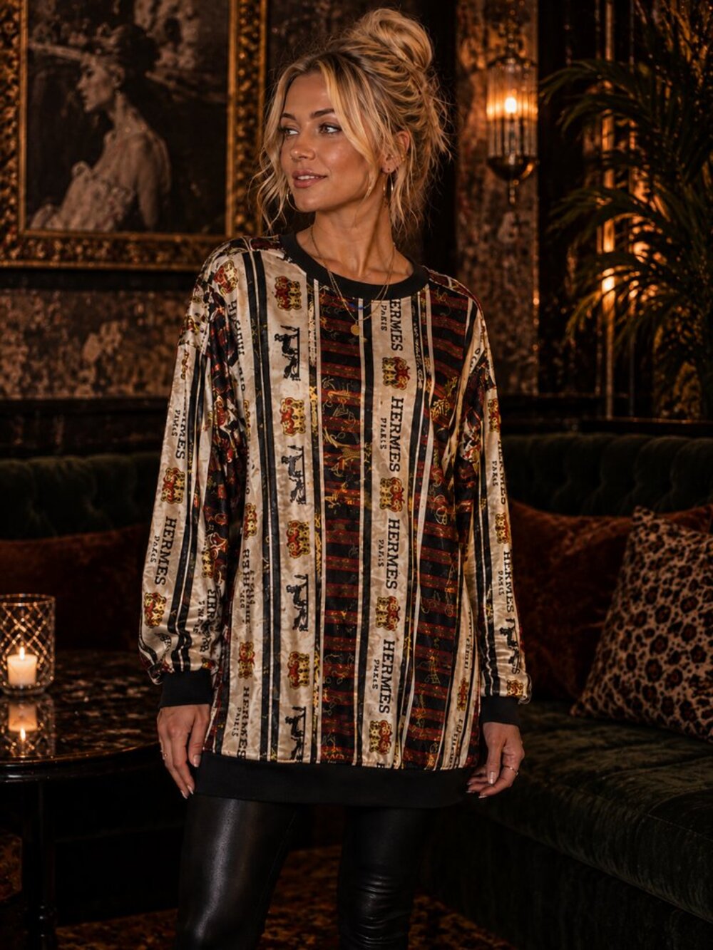 Hana Fashion VTG Equestrian Scarf Print Graphic Knit Pullover Top Rare Artwear